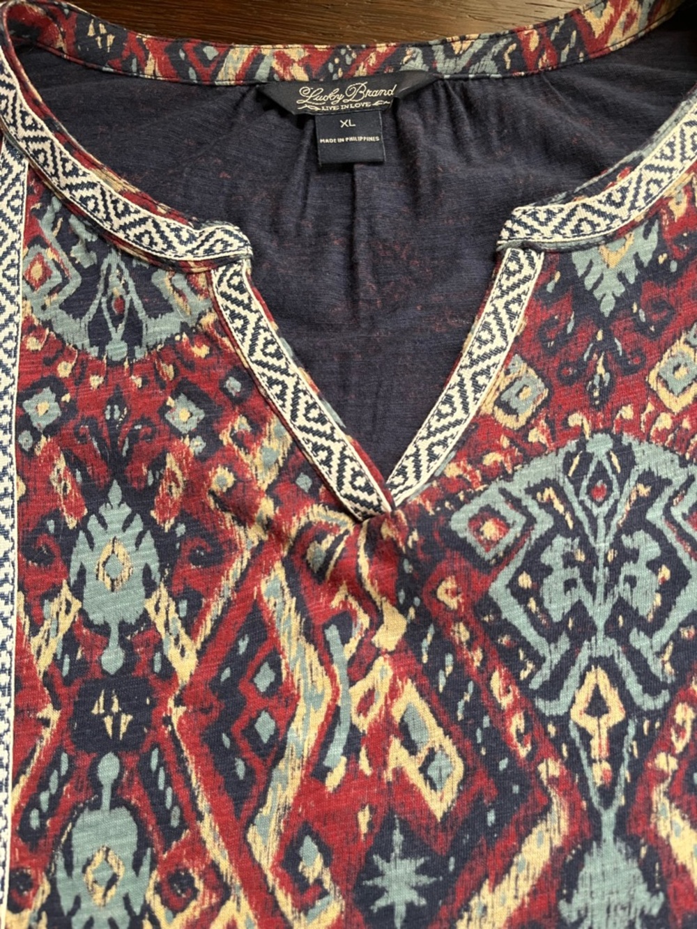 Lucky Brand XL Boho Style Red and Blue Patterned V-Neck Top